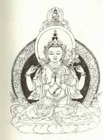 Der Bodhisattwa Awalokiteschwara mit dem Rosenkranz in der rechten oberen Hand